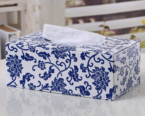 blue and white tissue box cover