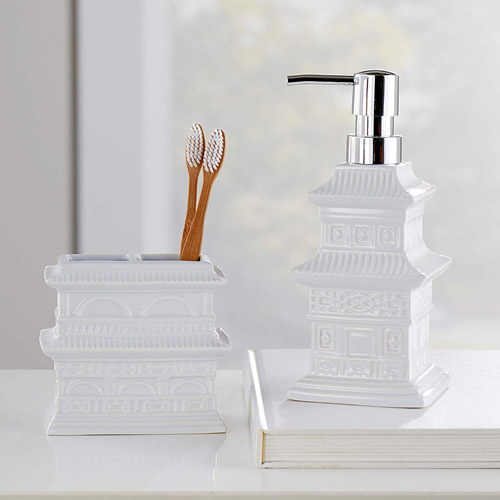 Vern Yip Chinoiserie Stoneware Toothbrush Holder and Soap Dispenser