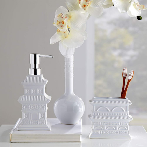 Vern Yip Chinoiserie Stoneware Soap Pump, Bud Vase and Toothbrush Bath Accessories