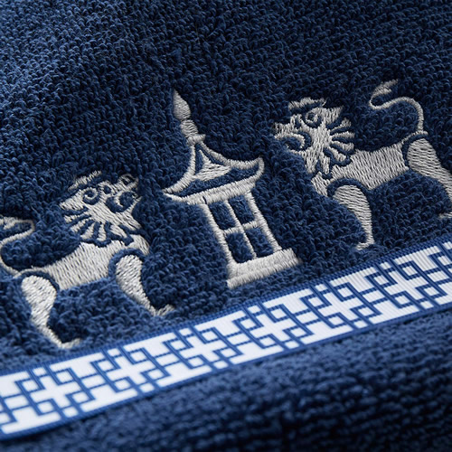 Embroidered Pagoda and Foo Lion Detail on Vern Yip Chinoiserie Hand Towels