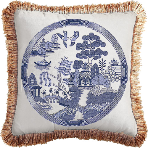 Heritage Crafts Blue Willow Pattern Cross Stitch Kit made into a pillow