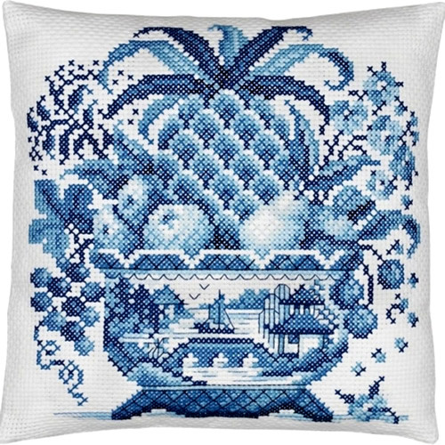 Janlynn Big Stitch Cross Stitch Kit has a still life with pineapple, apples, pears, grapes, cherries and leaves in a Blue Willow footed bowl