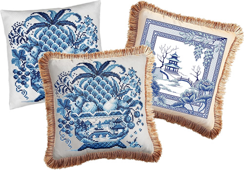 Awesocrafts Blue Willow Pagoda and Bridge Crossstitch and Janlynn Big Stitch Cross Stitch Still Life turned into pillows