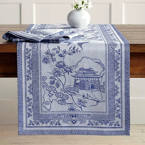 Chinese Style Cotton Linen Blue And White Porcelain Tablecloth