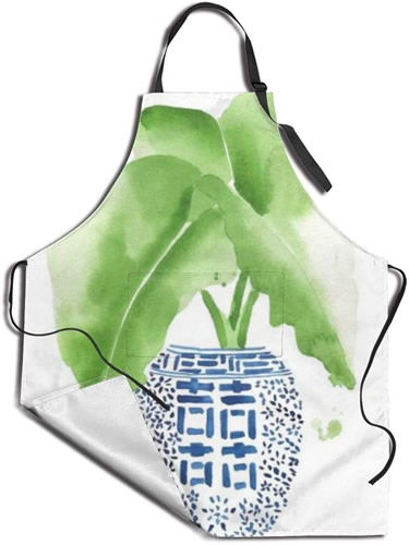 Apron with Water Color Blue and White Chinoiserie Ginger Jar with Elephant Ear Plant