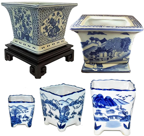 Square Blue and White Chinoiserie Flower Pots and Planters