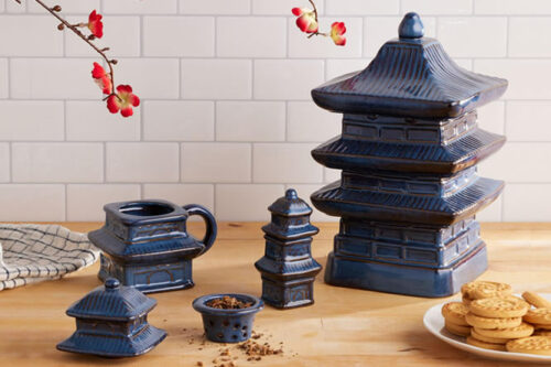 World Market Pagoda Blue Reactive Glaze Ceramic Kitchenware Tea Infuser, Cookie Jar and Mug